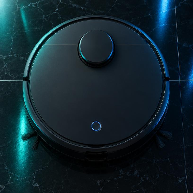 Round robot vacuum cleaner seen from above on a dark floor